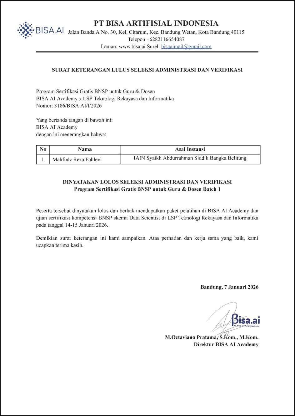Dosen FSEI IAIN SAS BABEL Raih Sertifikasi BNSP Bidang Data Scientist Usai Terapkan OBE
