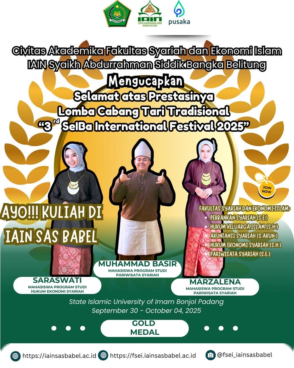 Mahasiswa FSEI IAIN SAS BABEL Raih Gold Medal di Ajang Internasional SeIBa Festival 2025, Dekan Beri Apresiasi Tinggi