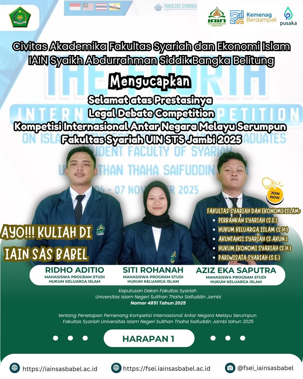 Mahasiswa FSEI IAIN SAS BABEL Raih Juara Harapan I pada Kompetisi Internasional Antar Negara Melayu Serumpun 2025