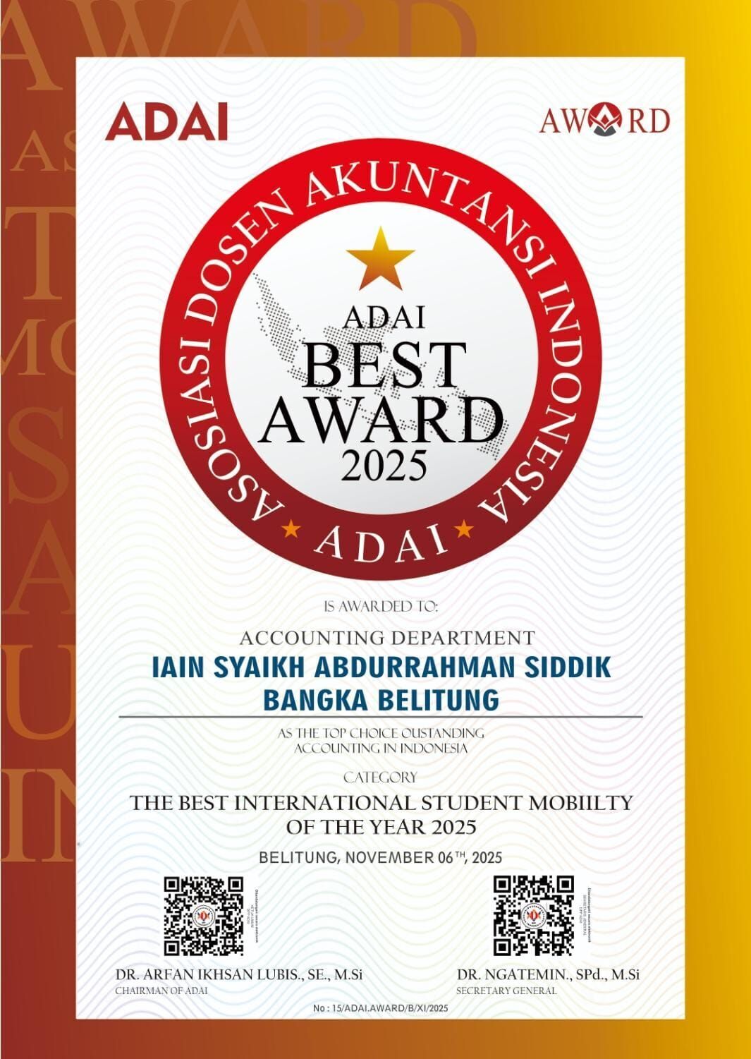 Prodi Akuntansi Syariah IAIN SAS BABEL Raih Penghargaan “The Best International Student Mobility” dari ADAI