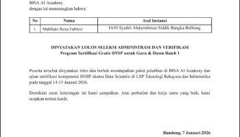 Dosen FSEI IAIN SAS BABEL Raih Sertifikasi BNSP Bidang Data Scientist Usai Terapkan OBE